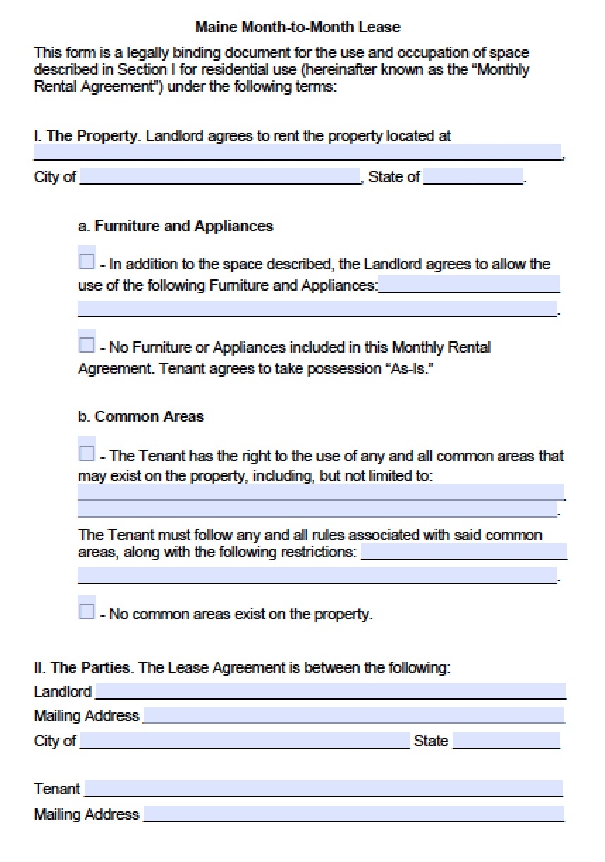 Free Maine Month to Month Lease Agreement Template PDF Word