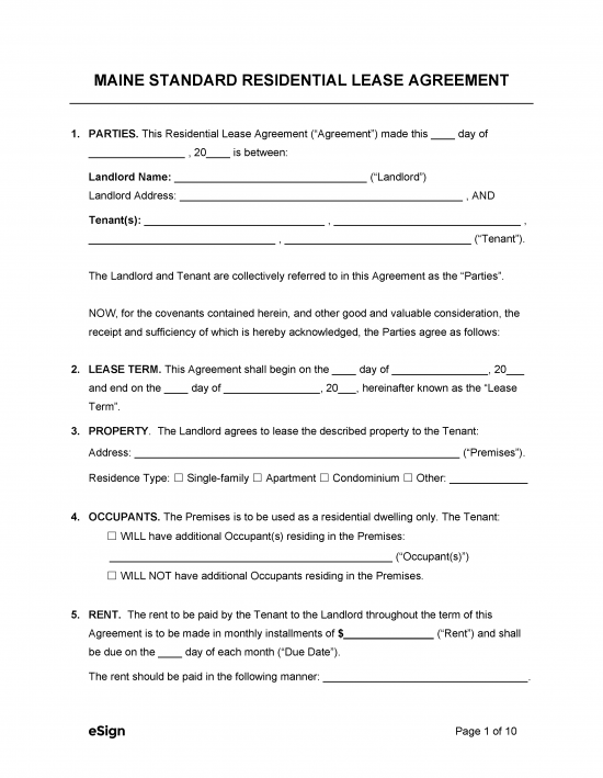 Free Maine Standard Residential Lease Agreement PDF WORD RTF