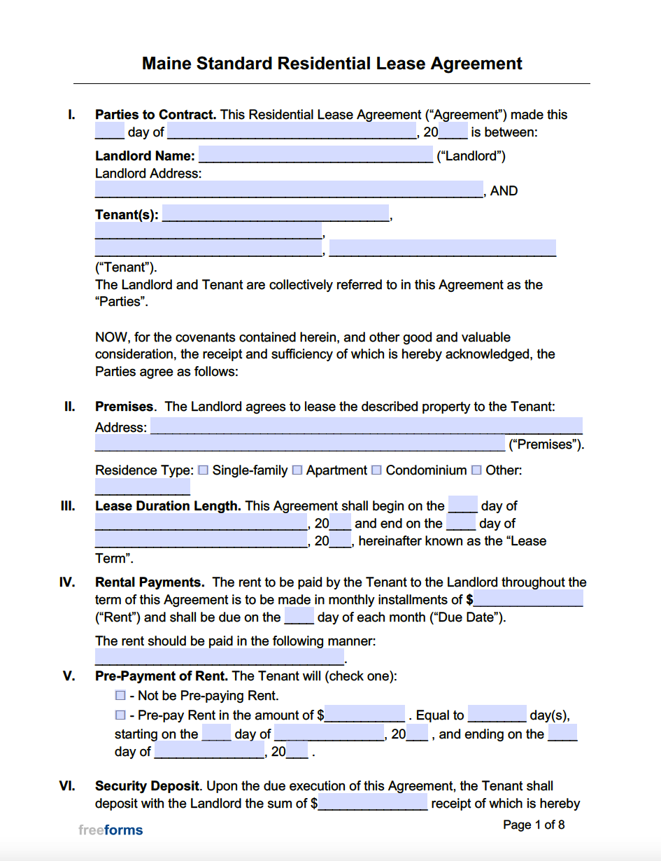 Free Maine Standard Residential Lease Agreement Template PDF