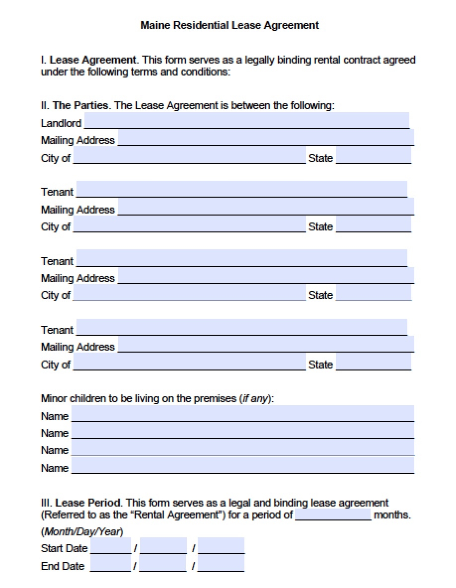 Free Maine Standard Residential Lease Agreement Template PDF Word