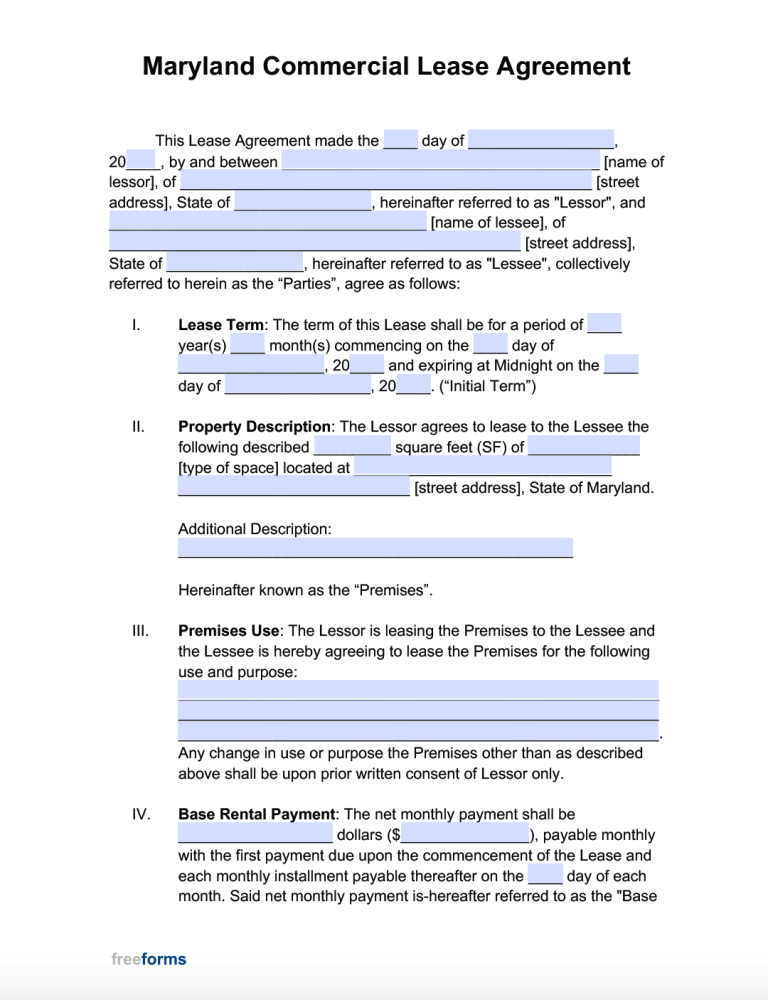 Free Maryland Rental Lease Agreement Templates PDF WORD