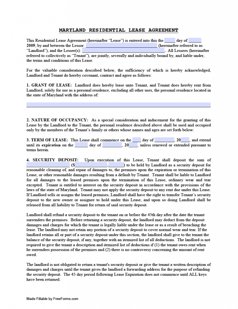 Free Maryland Standard Residential Lease Agreement Template PDF WORD 