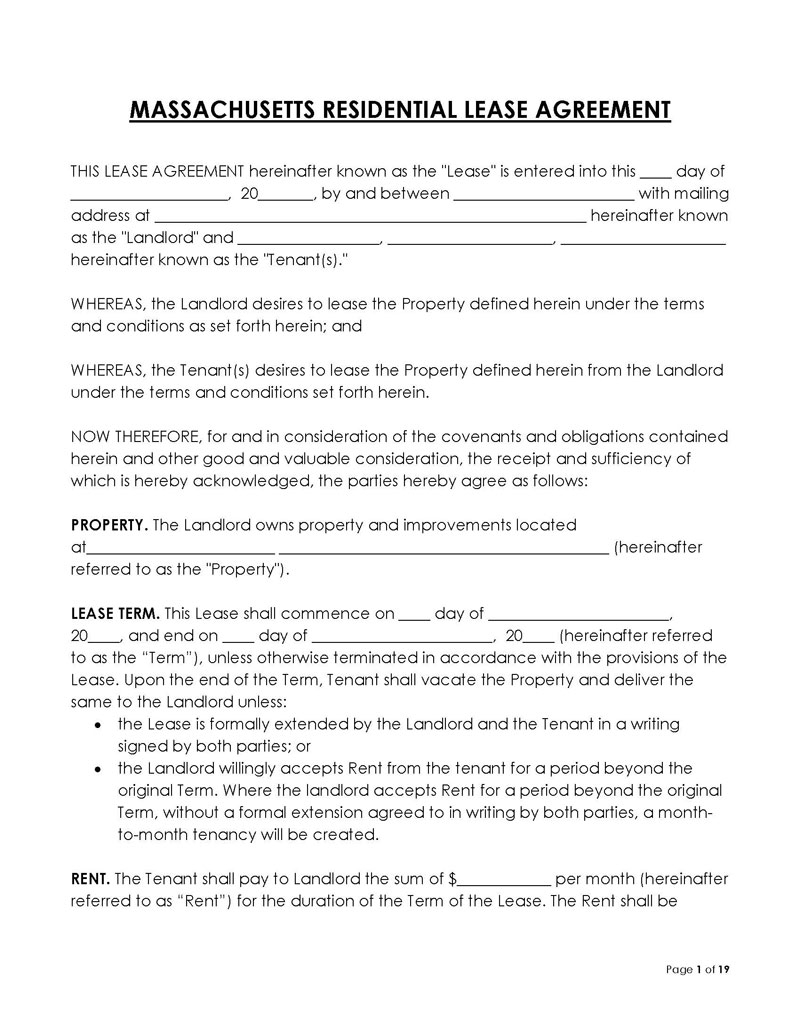 Free Massachusetts Lease Agreement Templates Word PDF 