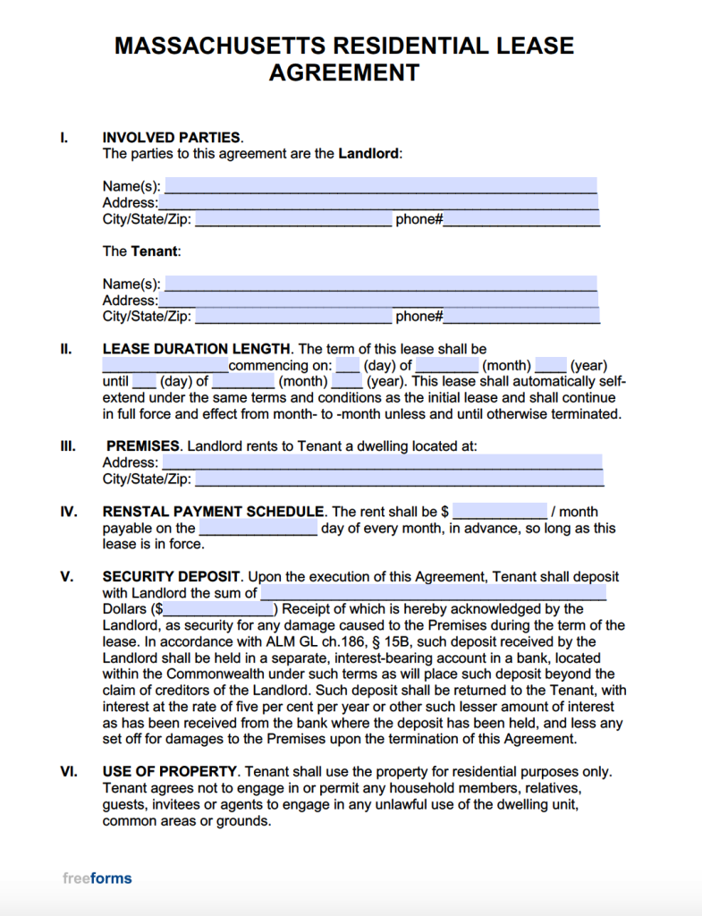 Free Massachusetts Rental Lease Agreement Templates PDF WORD