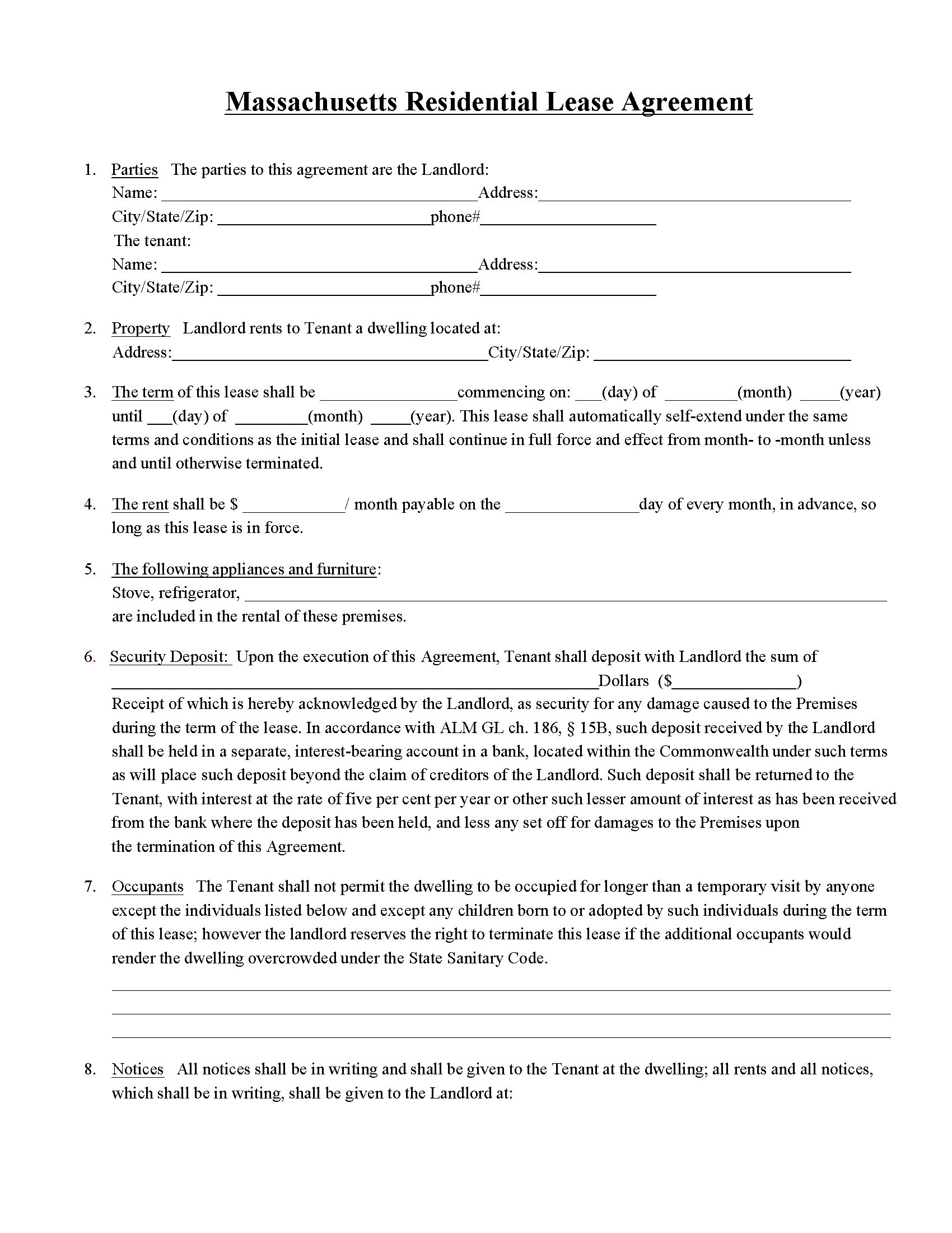 Free Massachusetts Residential Lease Agreement PDF