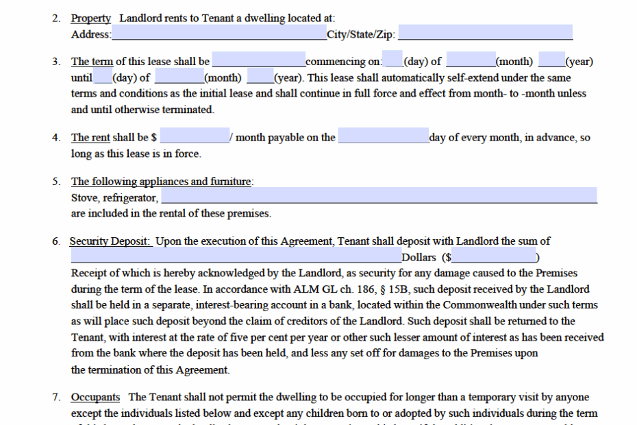 Free Massachusetts Standard Residential Lease Agreement Template PDF