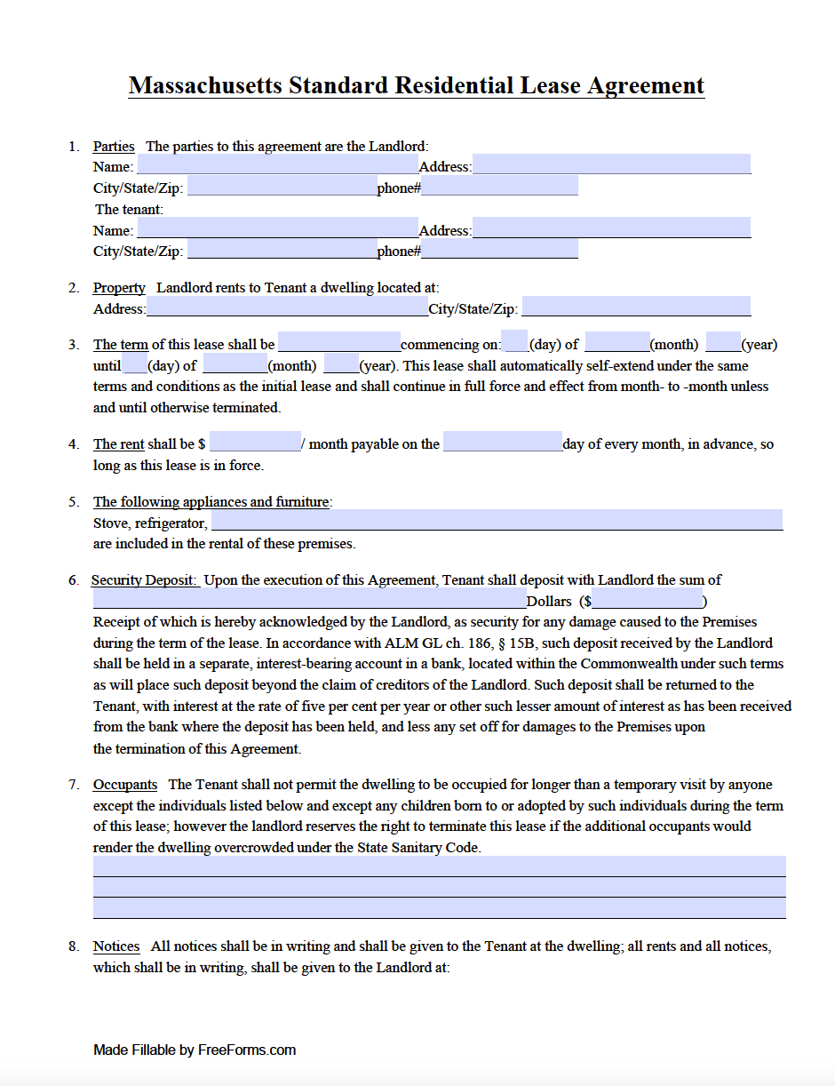 Free Massachusetts Standard Residential Lease Agreement Template PDF 