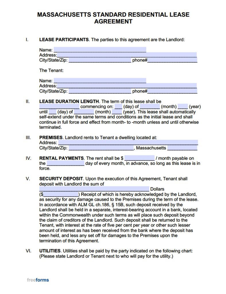 Free Massachusetts Standard Residential Lease Agreement Template PDF 