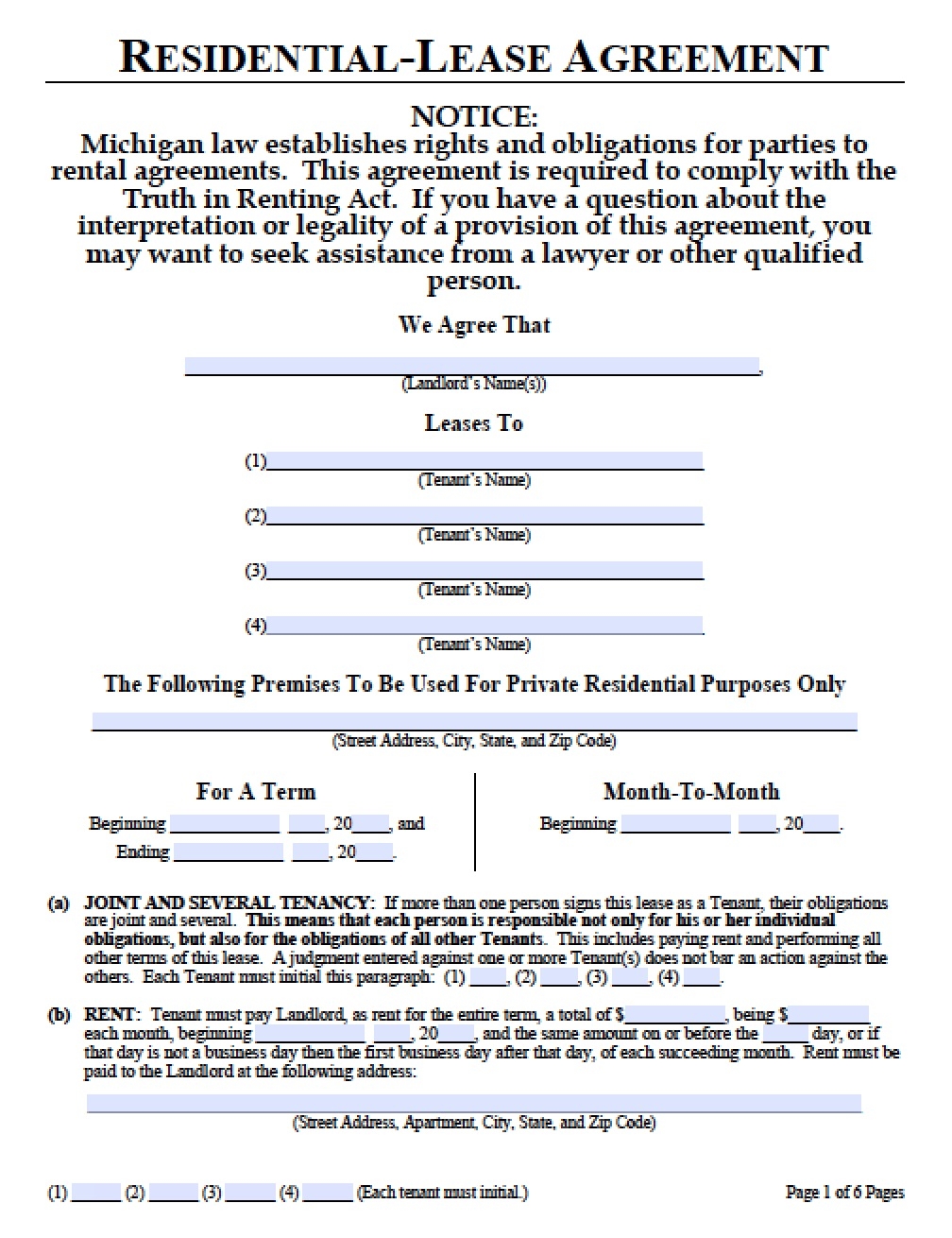 Free Michigan Month to Month Lease Agreement Template PDF Word
