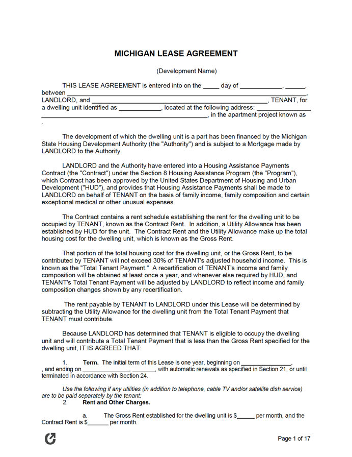 Free Michigan Standard Residential Lease Agreement PDF WORD RTF