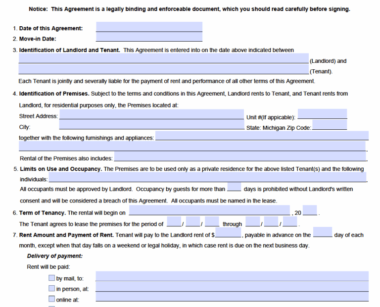 Free Michigan Standard Residential Lease Agreement Template PDF WORD
