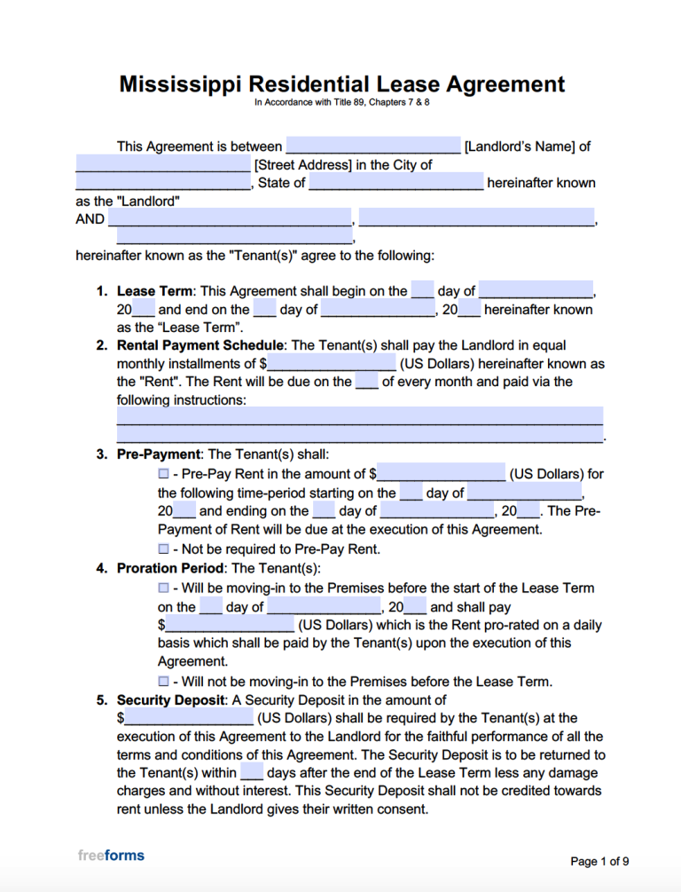 Free Mississippi Rental Lease Agreement Templates PDF WORD
