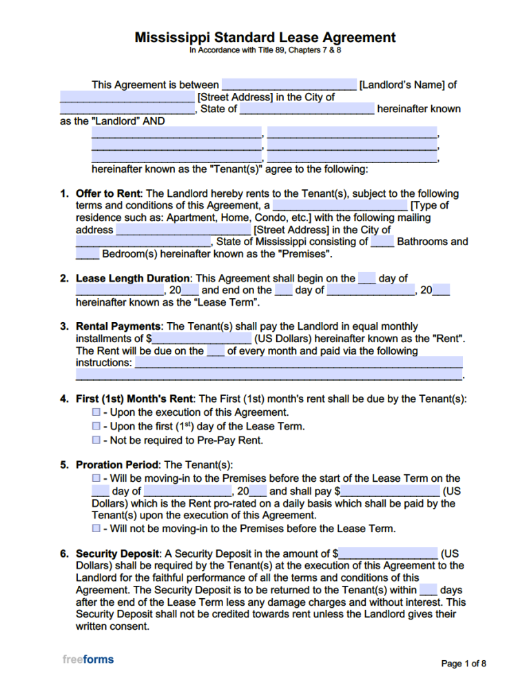 Free Mississippi Rental Lease Agreement Templates PDF WORD