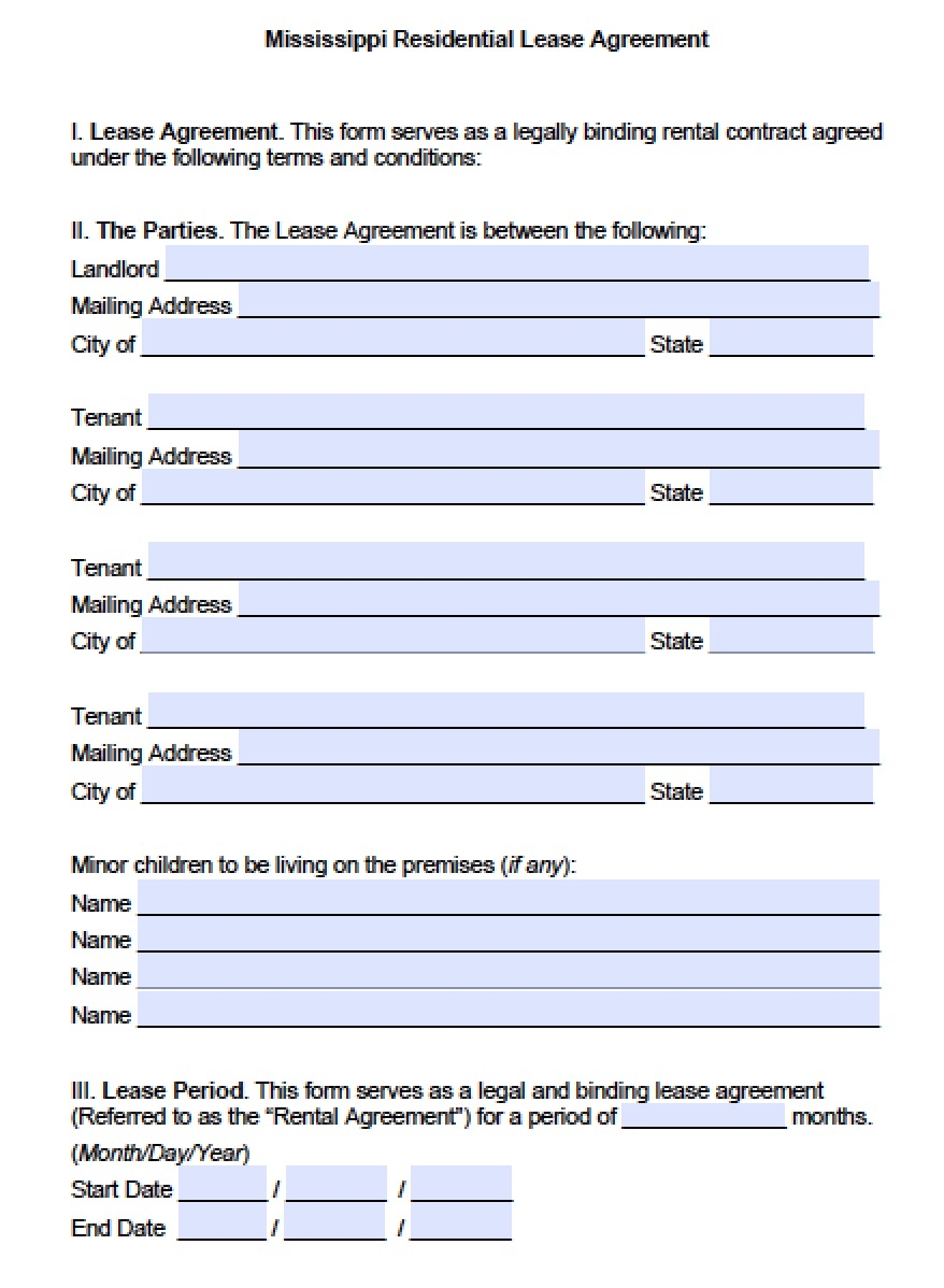 Free Mississippi Residential Lease Agreement PDF Word doc 