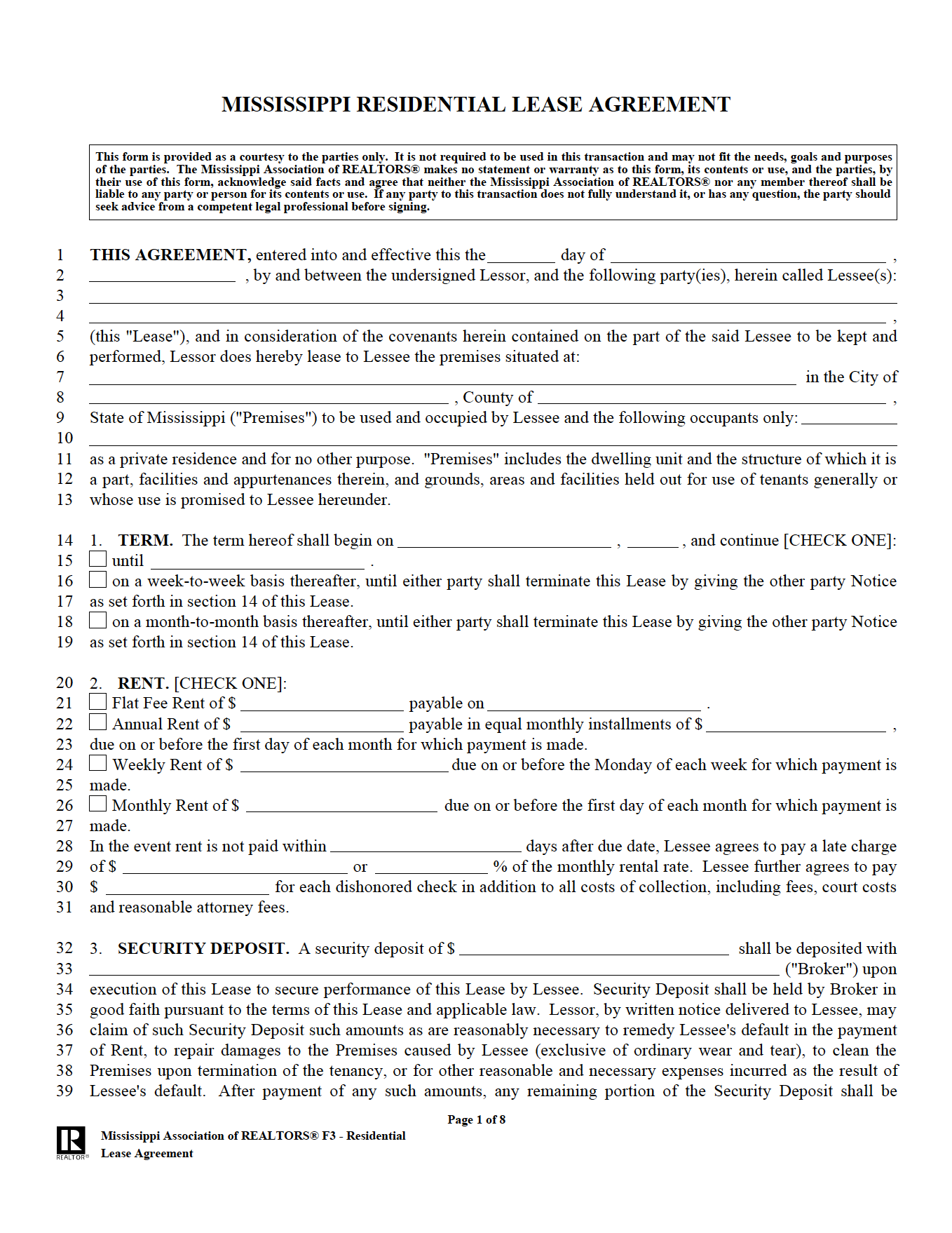 Free Mississippi Standard Residential Lease Agreement PDF WORD 