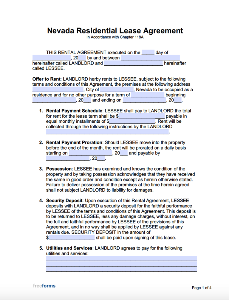 Free Nevada Rental Lease Agreement Templates PDF WORD