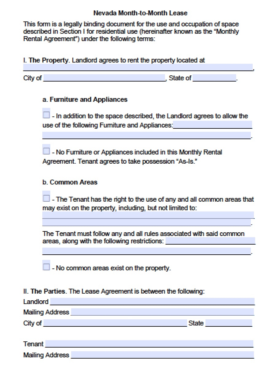 Free Nevada Rental Lease Agreement Templates PDF Word