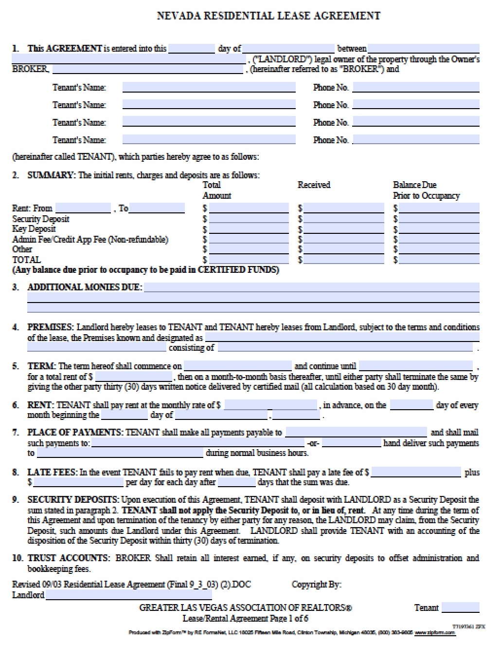 Free Nevada Standard Residential Lease Agreement PDF Word