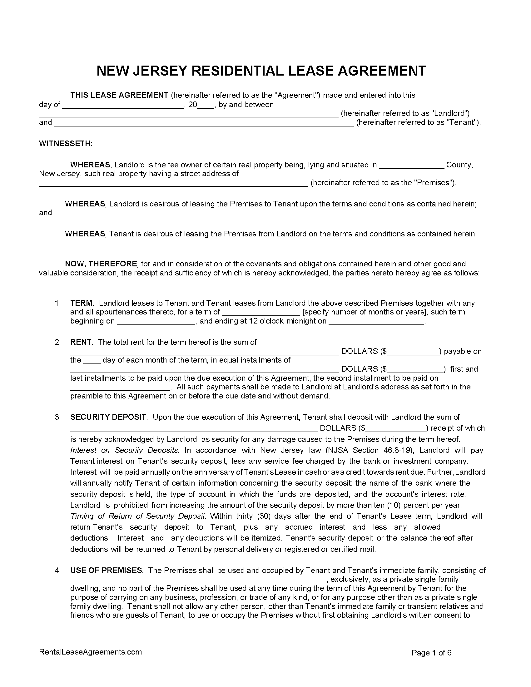 Free New Jersey Residential Lease Agreement PDF