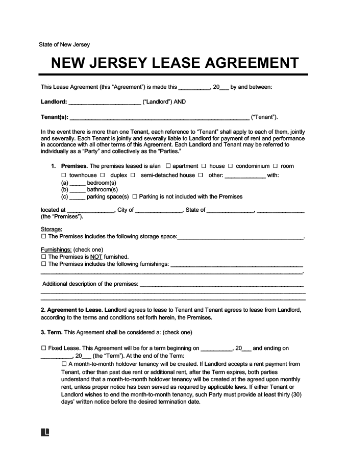 Free New Jersey Residential Lease Agreement Template PDF Word