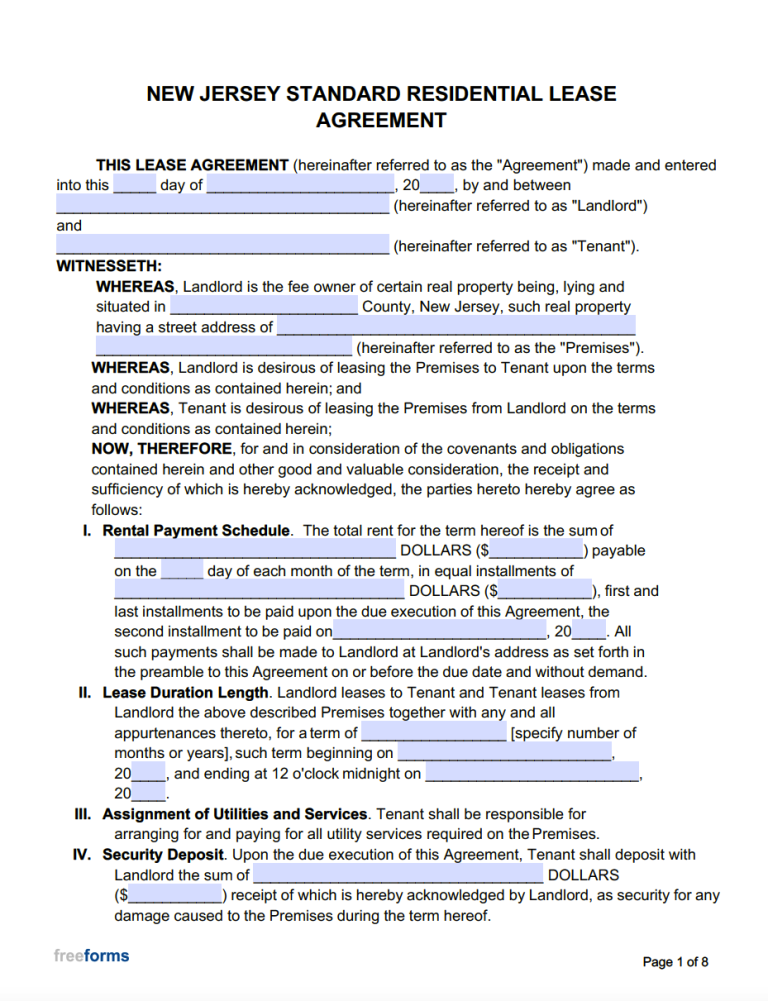 Free New Jersey Standard Residential Lease Agreement Template PDF WORD