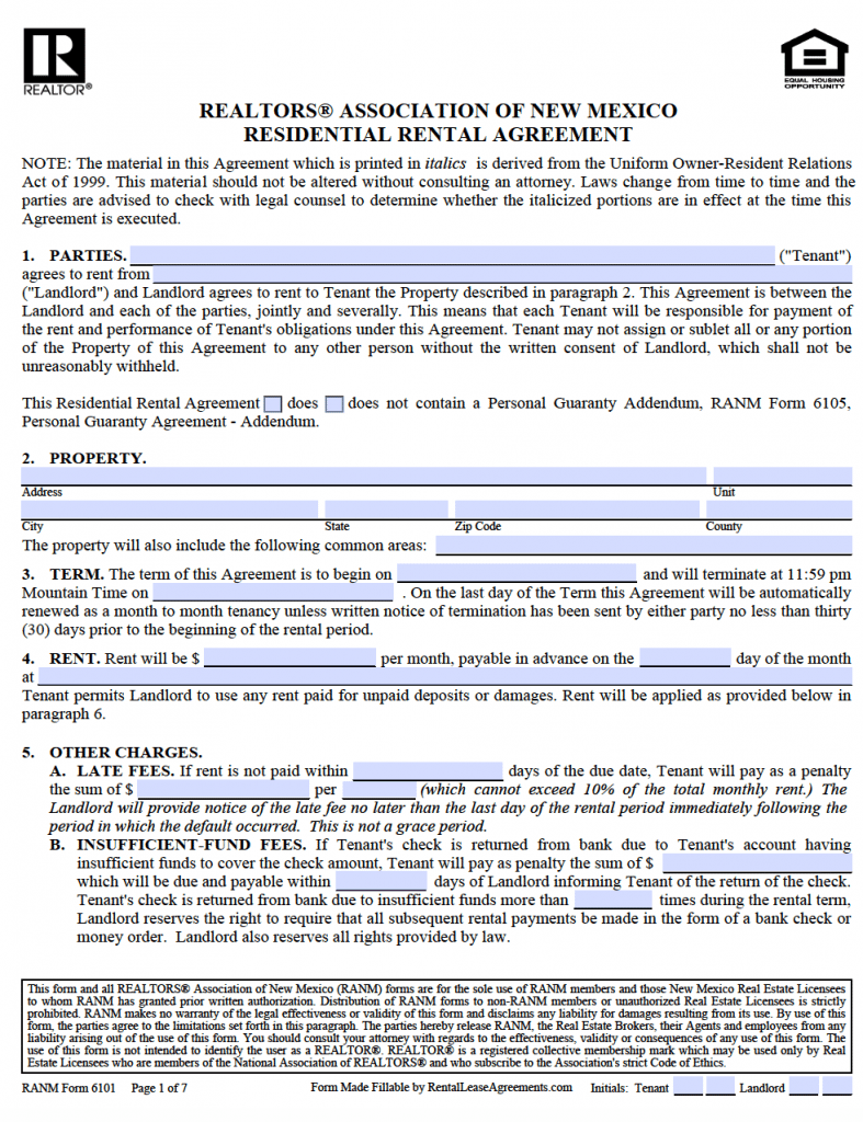 Free New Mexico Rental Lease Agreement Templates PDF Word