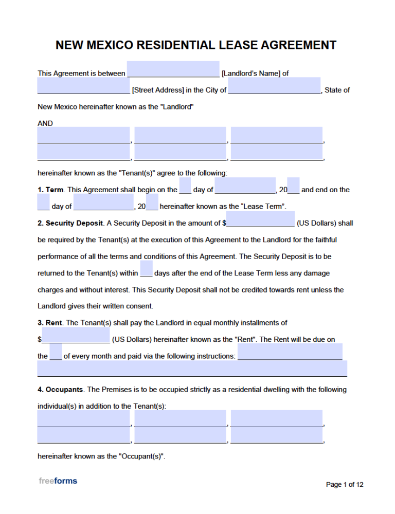 Free New Mexico Rental Lease Agreement Templates PDF WORD