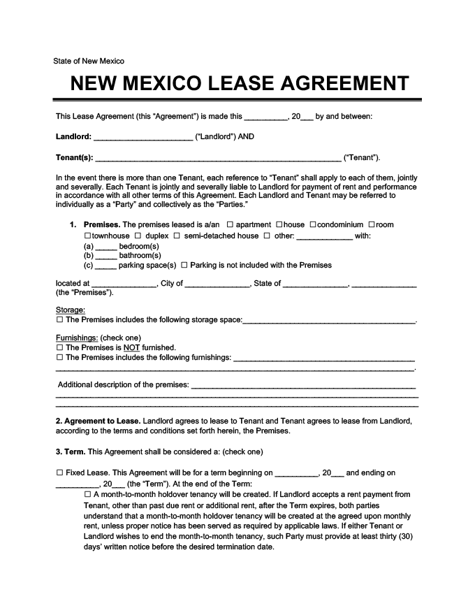 Free New Mexico Residential Lease Agreement Template PDF Word