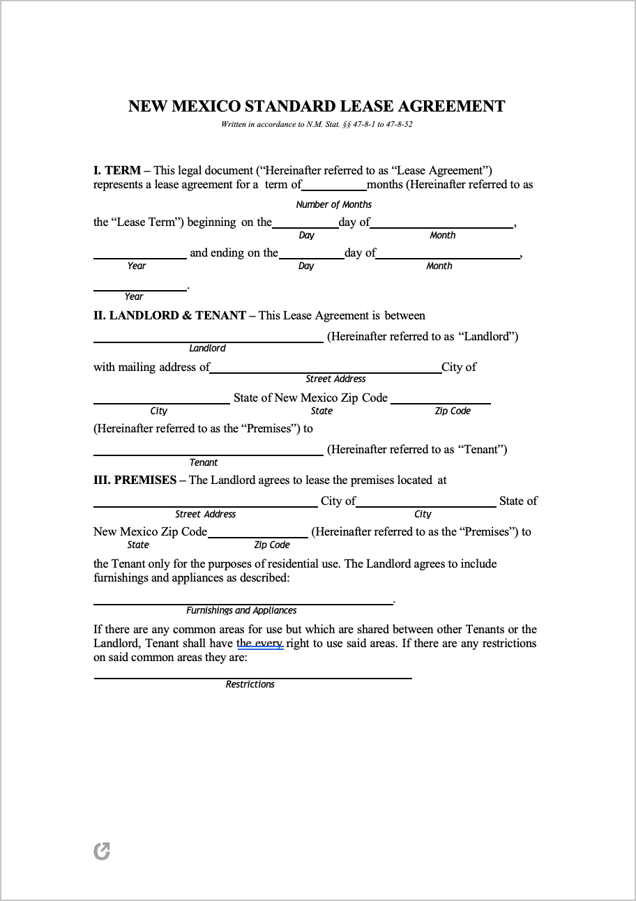Free New Mexico Standard Residential Lease Agreement PDF WORD