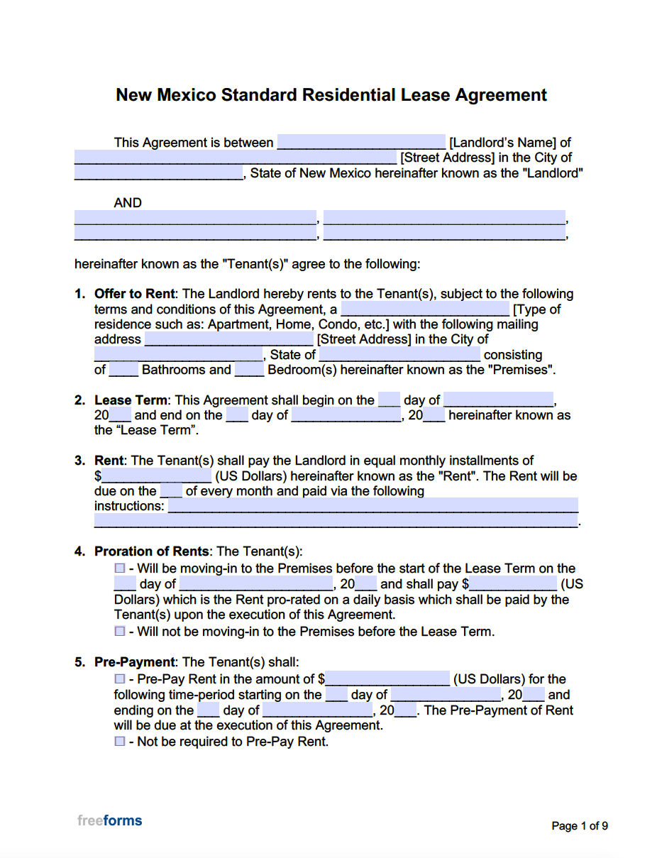 Free New Mexico Standard Residential Lease Agreement Template PDF WORD