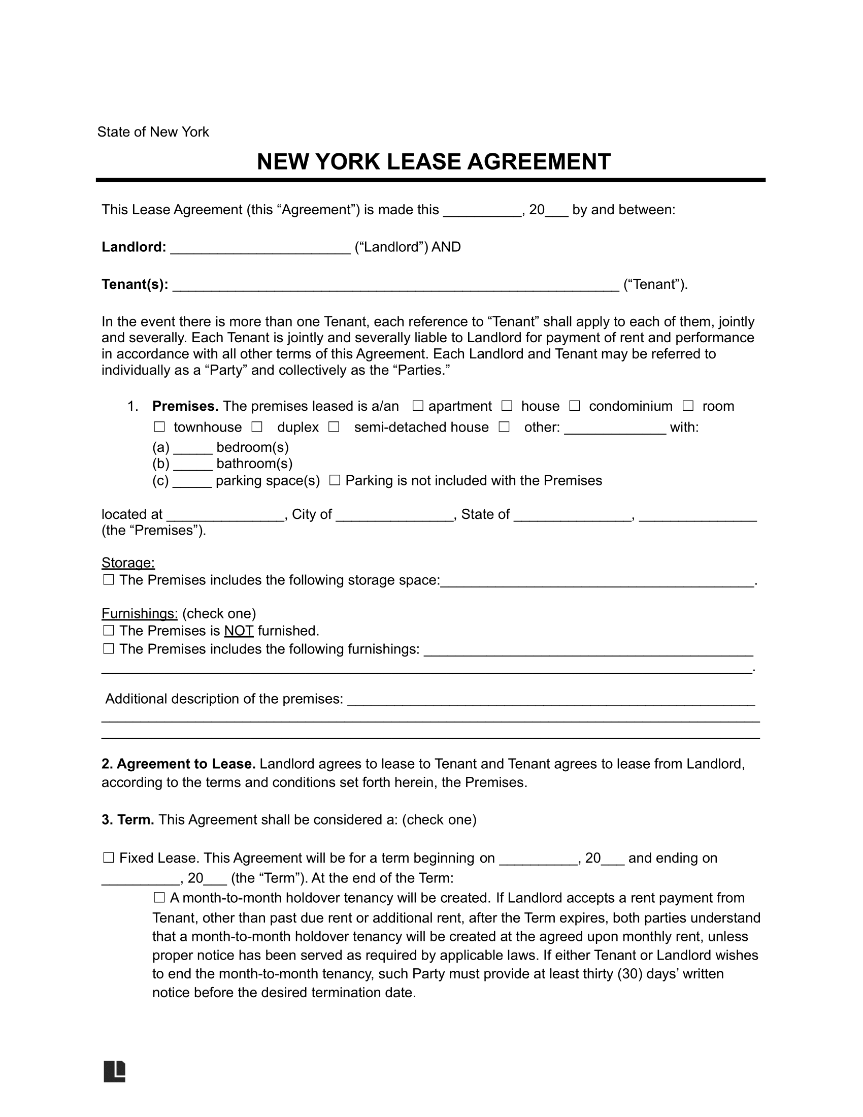Free New York Residential Lease Agreement Template PDF Word