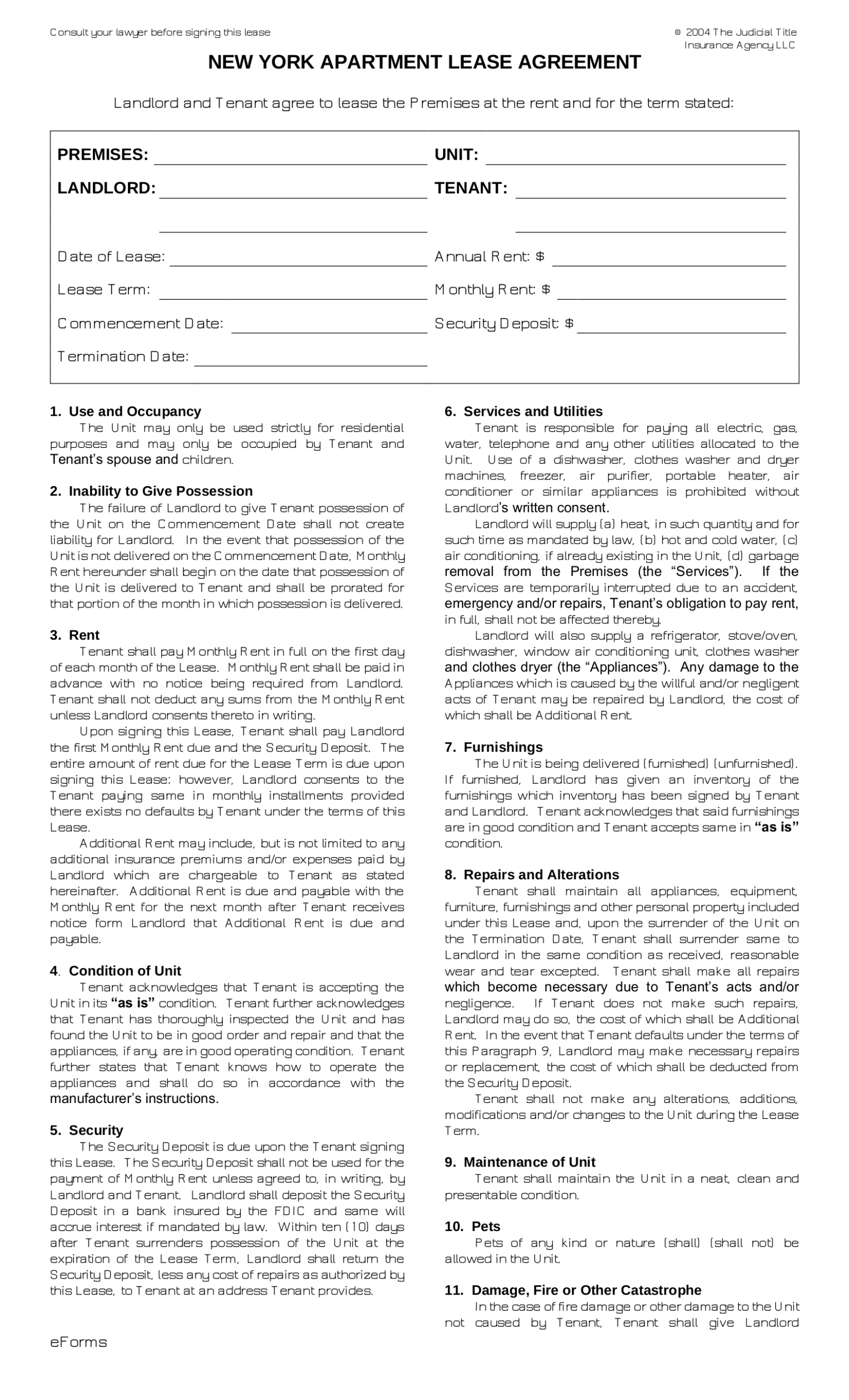 Free New York Standard Apartment Lease Agreement Form PDF Word EForms