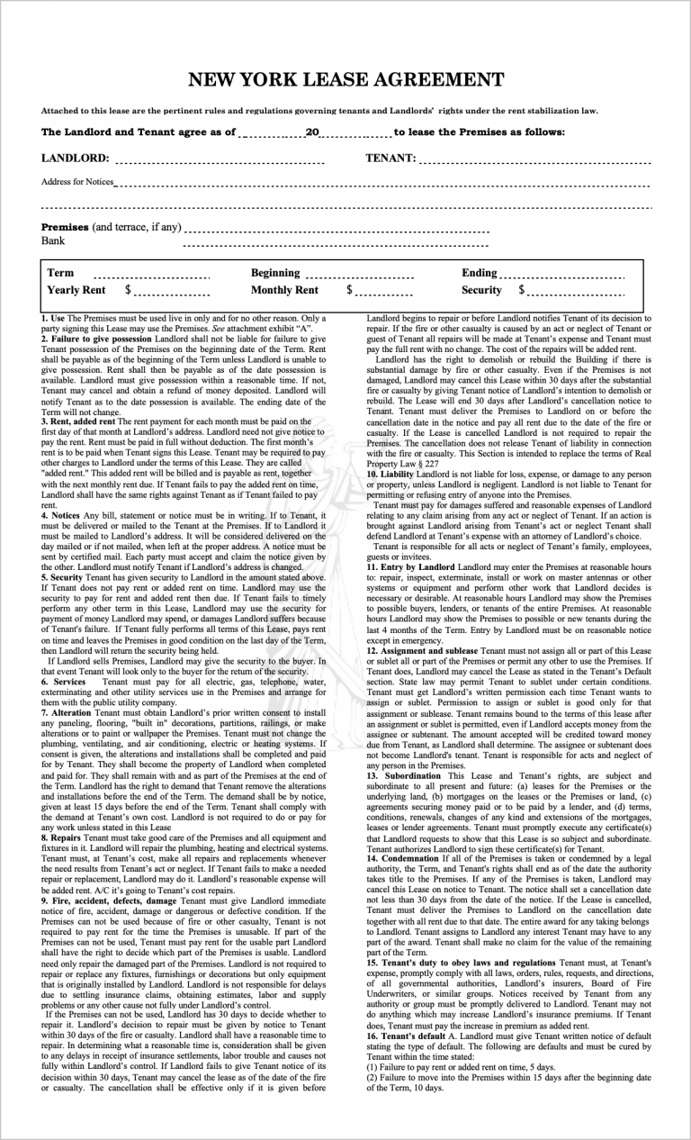 Free New York Standard Residential Lease Agreement PDF WORD RTF