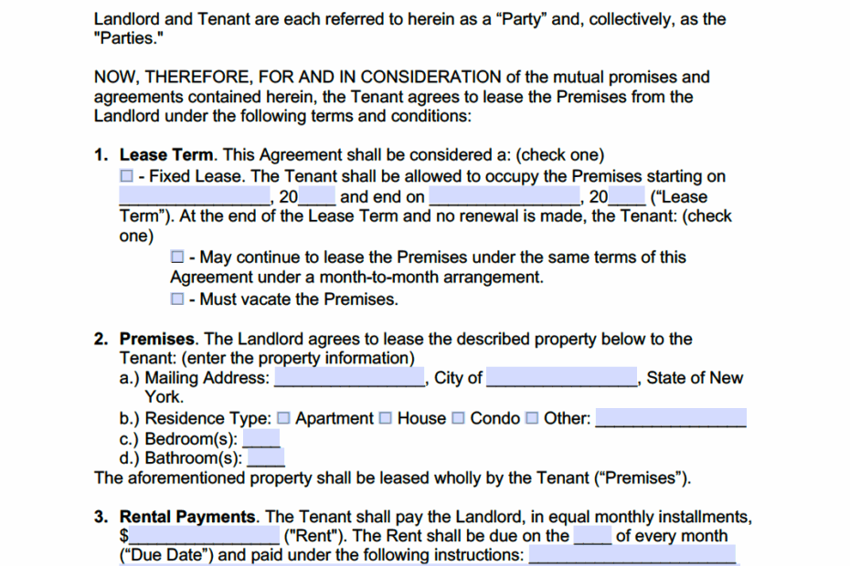 Free New York Standard Residential Lease Agreement Template PDF WORD