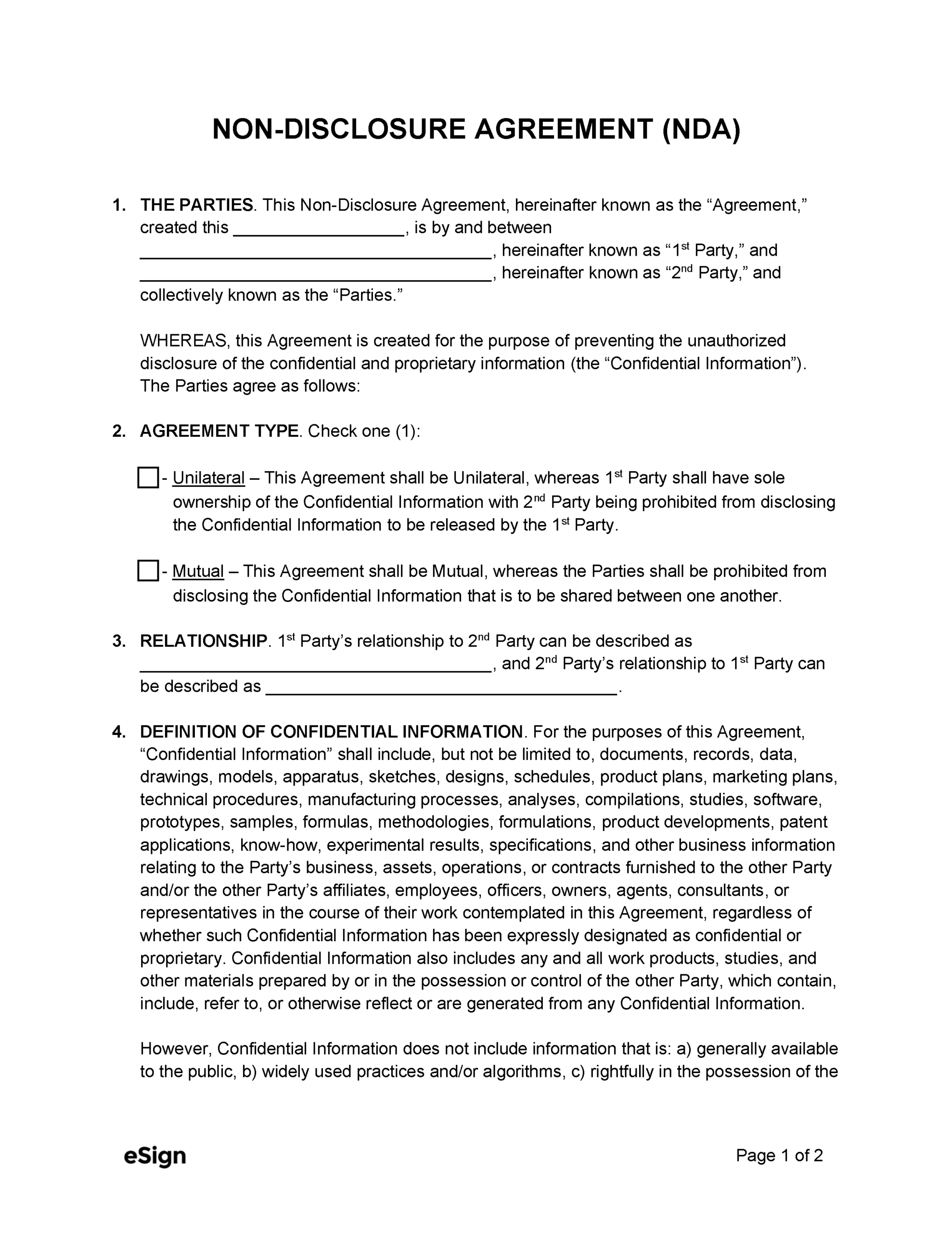 Free Non Disclosure Agreement NDA Template PDF Word