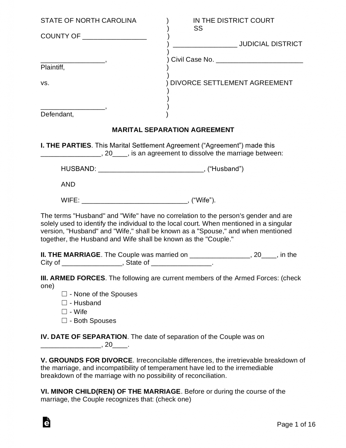 Free North Carolina Marital Settlement Divorce Agreement PDF Word 