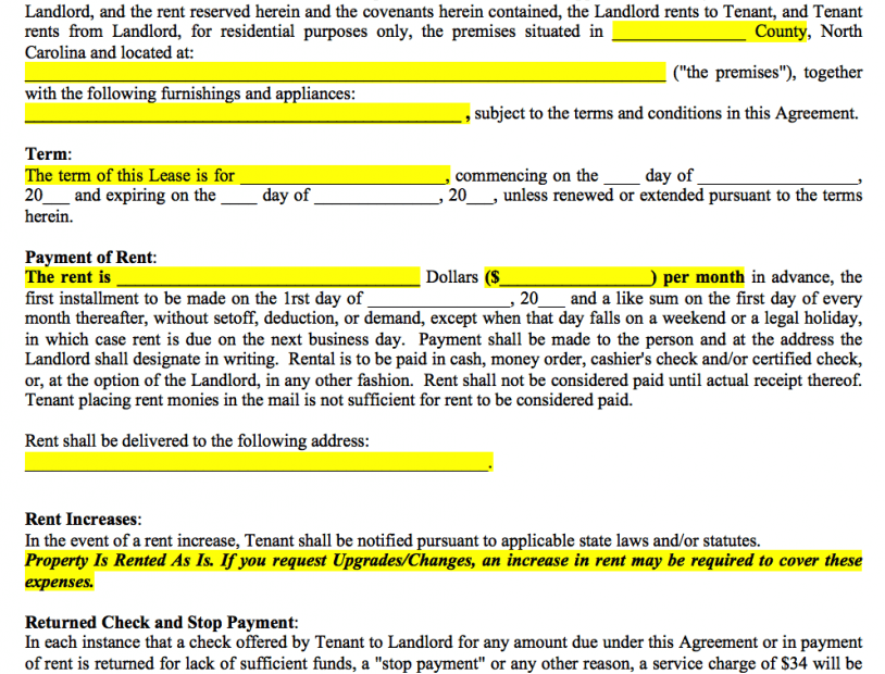 Free North Carolina Standard Residential Lease Agreement PDF Template