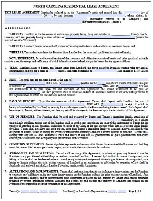 Free North Carolina Standard Residential Lease Agreement PDF Template