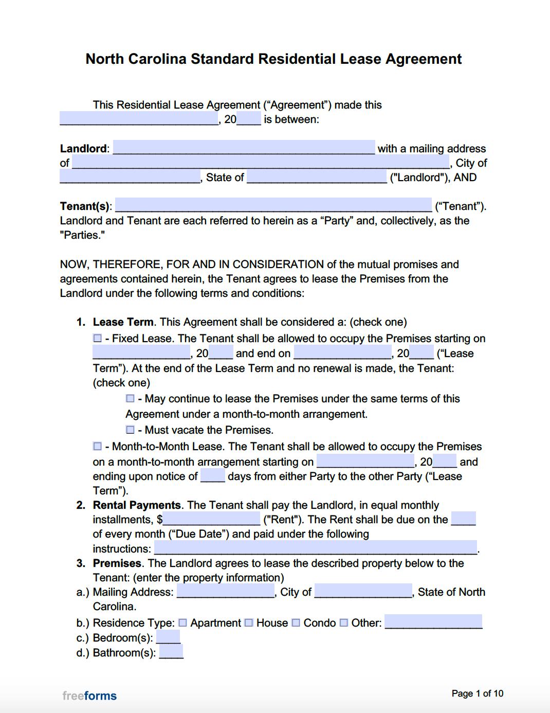 Free North Carolina Standard Residential Lease Agreement Template PDF