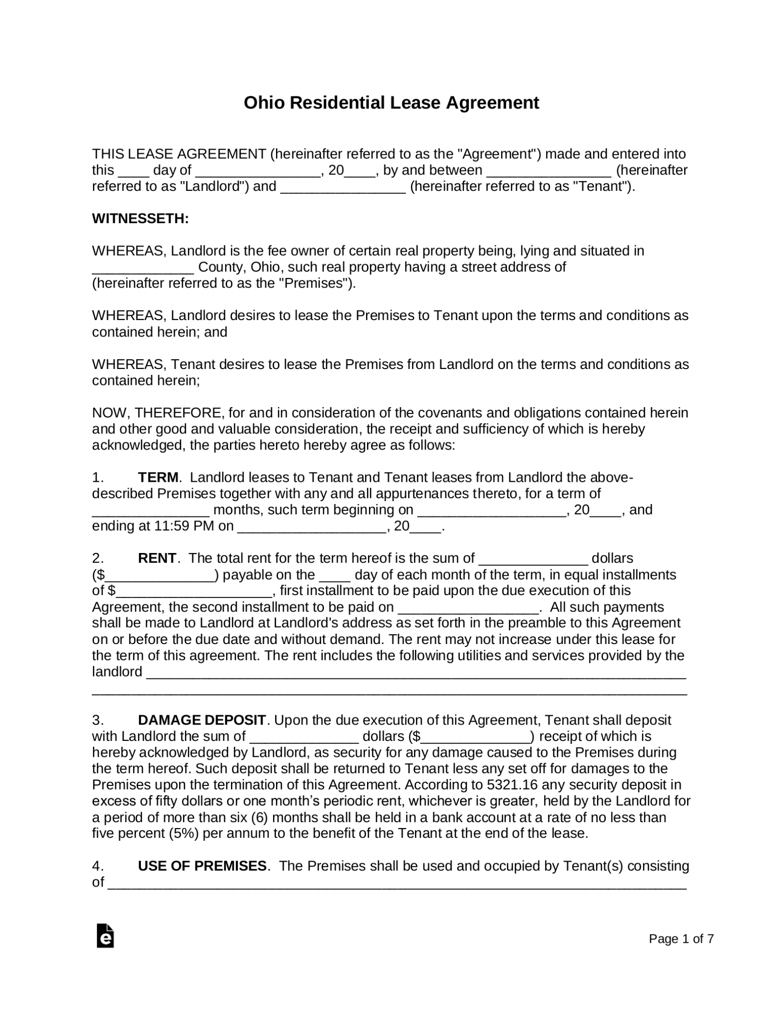 Free Ohio Standard Residential Lease Agreement Template PDF Word 