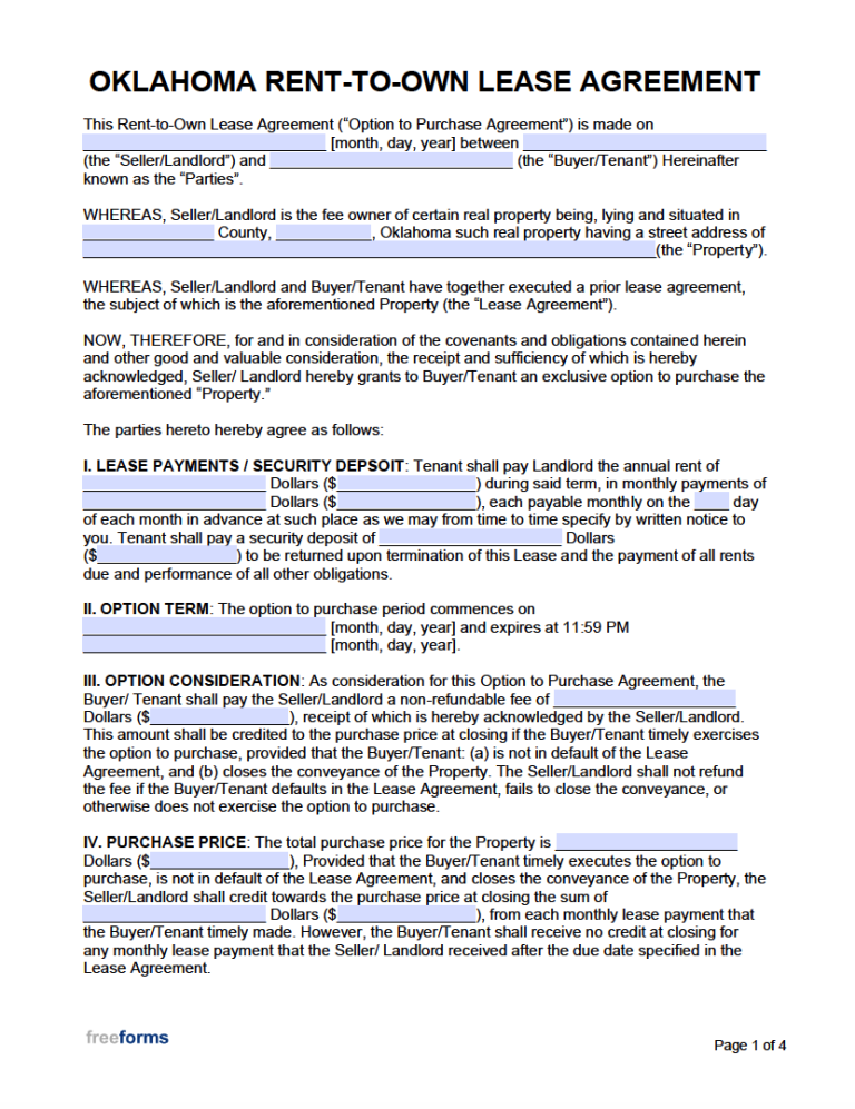 Free Oklahoma Rent To Own Lease Agreement Template PDF WORD