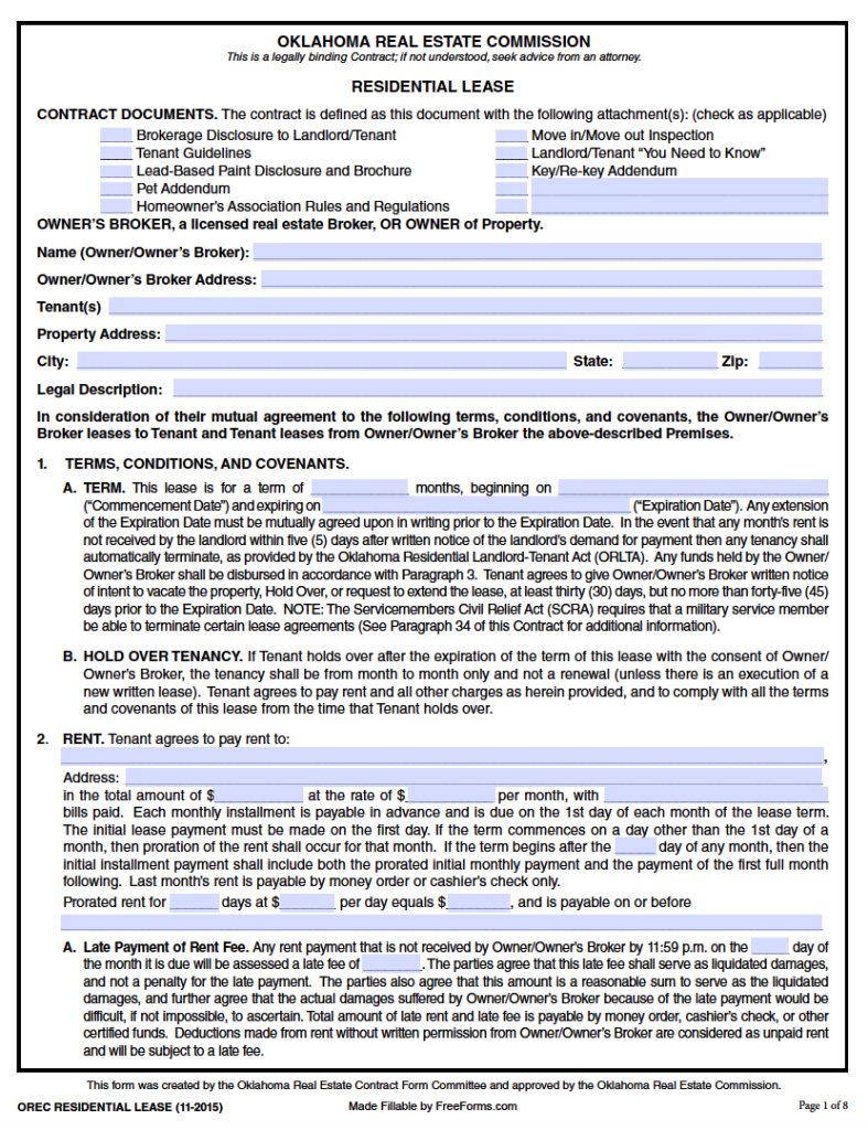 Free Oklahoma Rental Lease Agreement Templates PDF