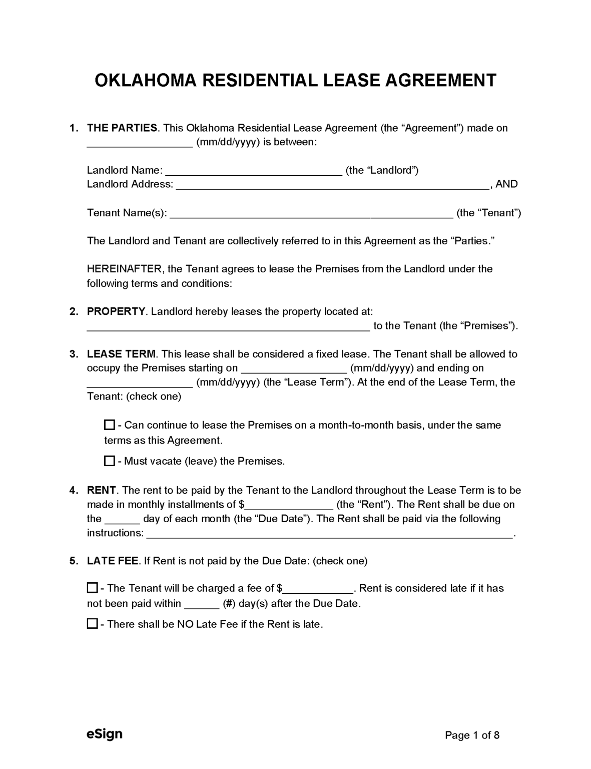 Free Oklahoma Standard Residential Lease Agreement Template PDF Word
