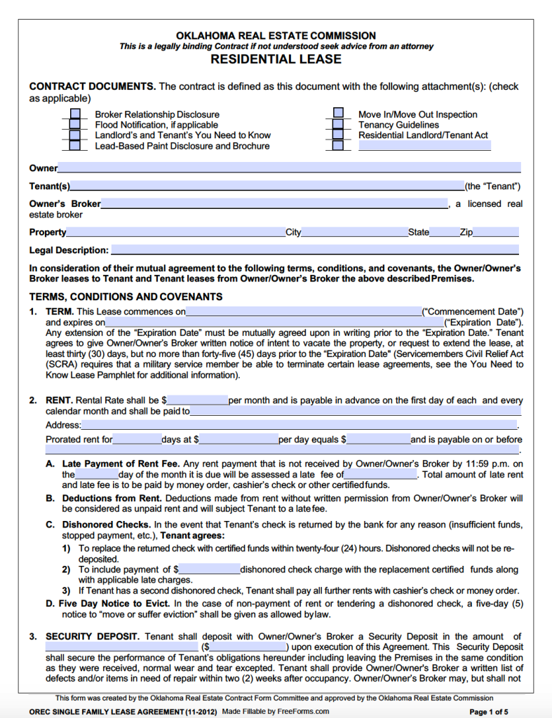 Free Oklahoma Standard Residential Lease Agreement Template PDF WORD
