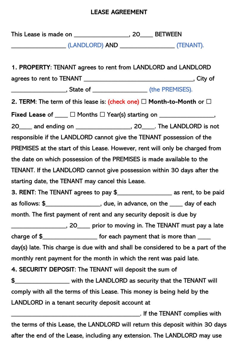 Free One 1 Page Lease Agreement Templates