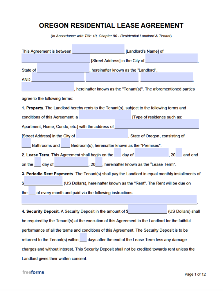 Free Oregon Rental Lease Agreement Templates PDF WORD