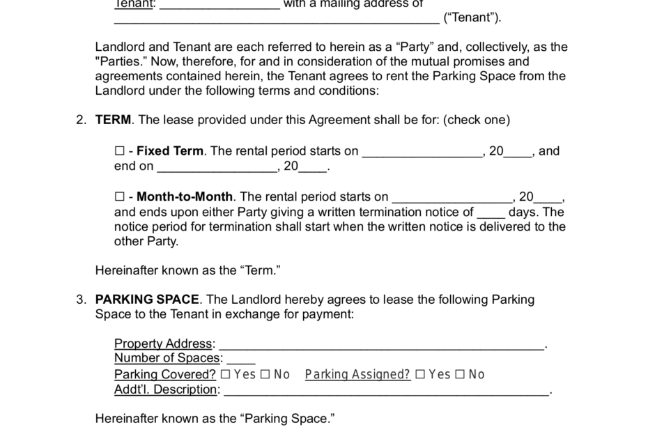 Free Parking Space Lease Agreement Template PDF Word EForms