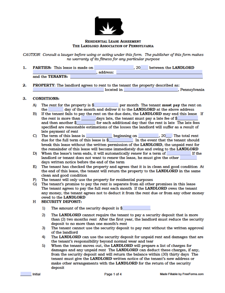Free Pennsylvania Rental Lease Agreement Templates PDF