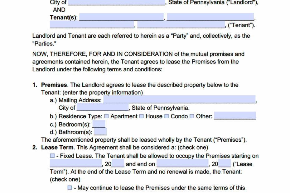 Free Pennsylvania Standard Residential Lease Agreement Template PDF