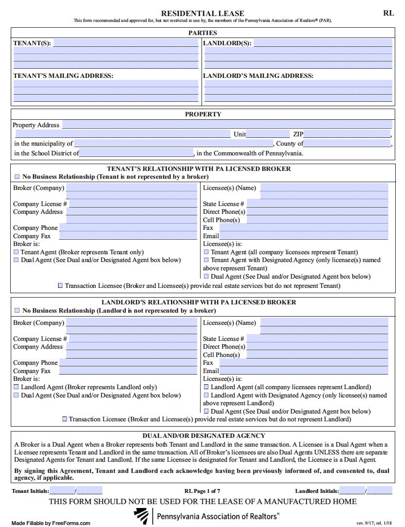 Free Pennsylvania Standard Residential Lease Agreement Template PDF 